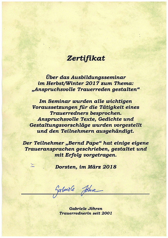 Zertifikat Trauerredner Bernd Pape, März 2018