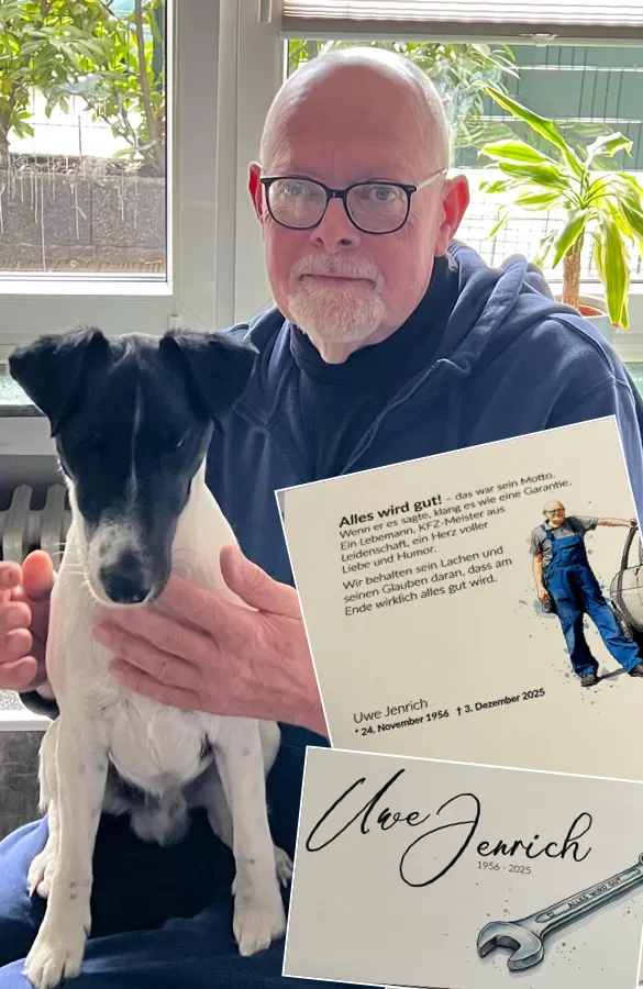 Collage mit Uwe Jenrich nebst Hund und den bunten Trauerkarten
