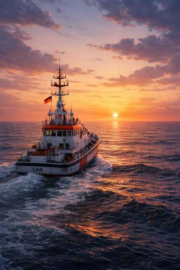 Rettungsschiff fährt auf Sonnenuntergang zu